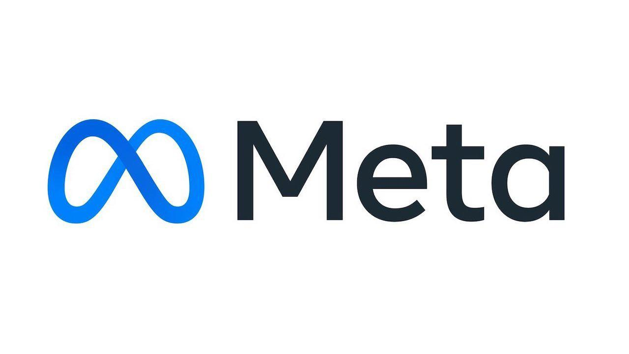 The image shows the Meta logo with a blue, infinity-shaped symbol next to the word "Meta" in bold, black text on a white background.