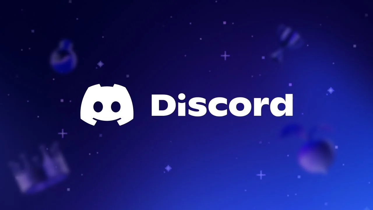 The Discord logo and the word "Discord" appear in white on a blue background with scattered small stars and blurred shapes.