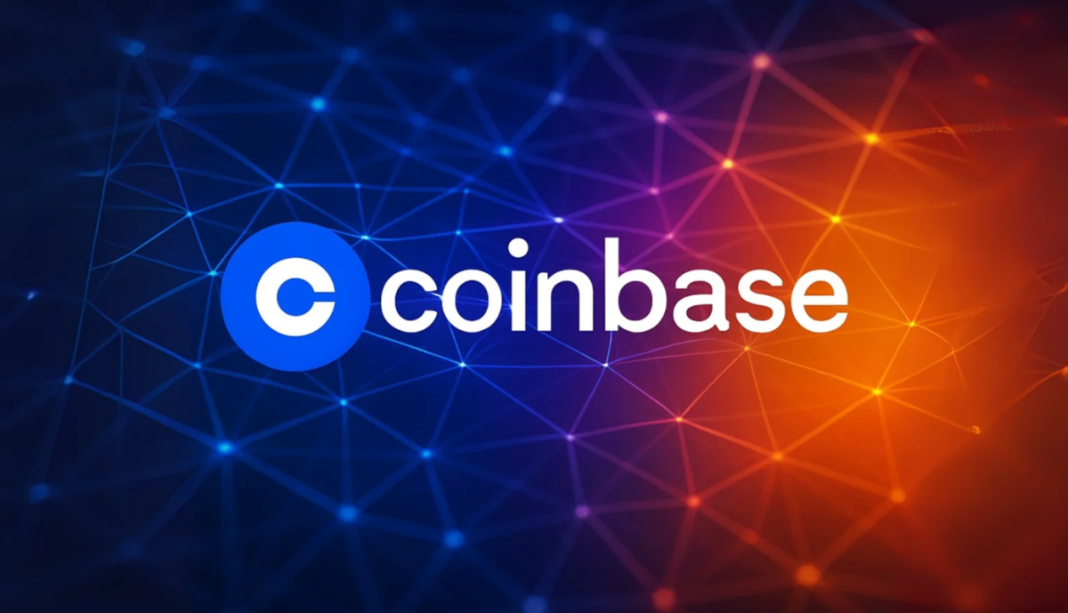 The image shows the Coinbase logo with a blue circle containing a white "C" next to the word "coinbase" on a network-patterned background transitioning from blue to orange.