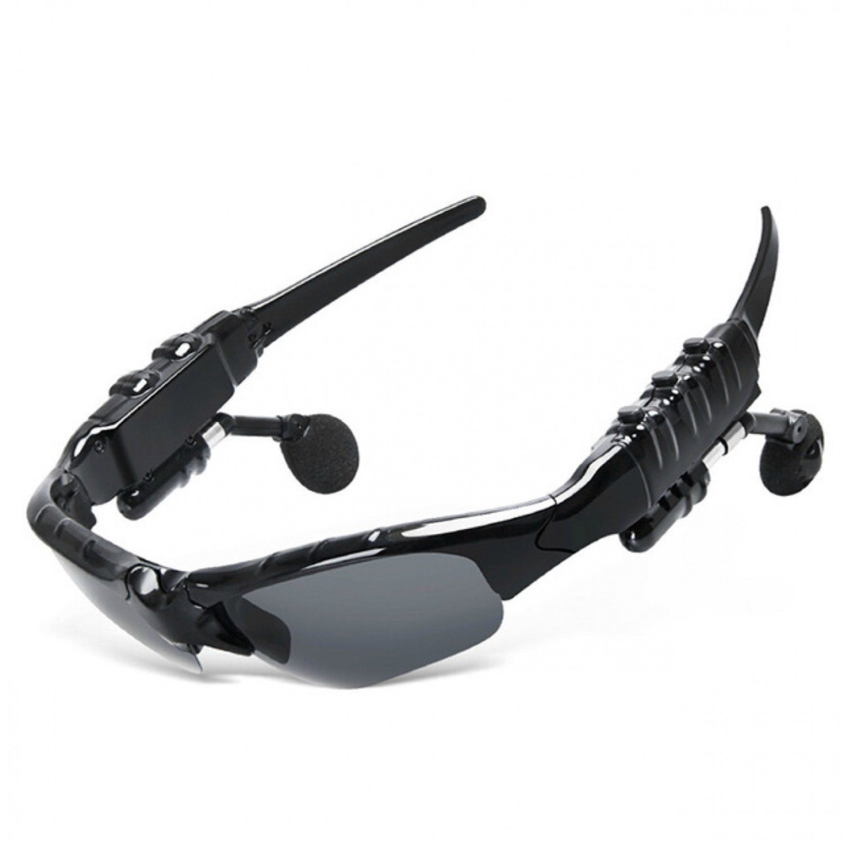 Black futuristic sunglasses with built-in earphones and control buttons on the arms, designed for hands-free use and audio functionality.