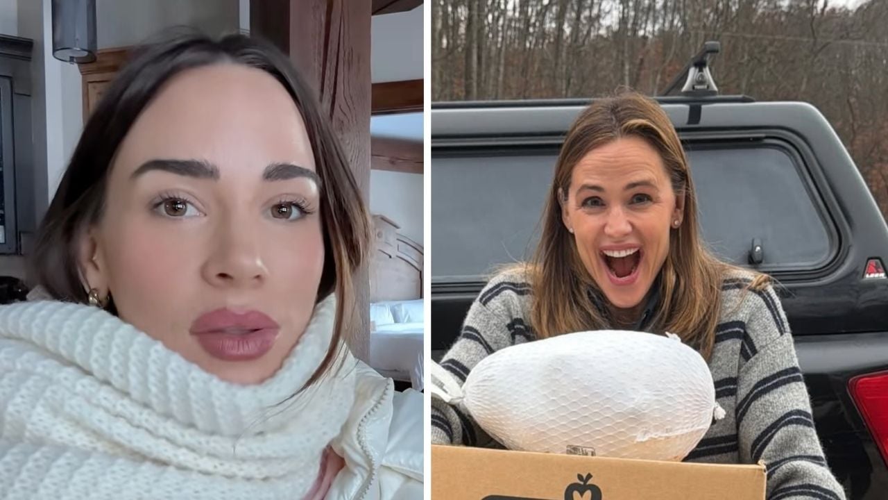 Split image: On the left, a woman in a white knit scarf looks at the camera. On the right, another woman, smiling widely, holds a box with a large wrapped turkey in front of a car and trees.