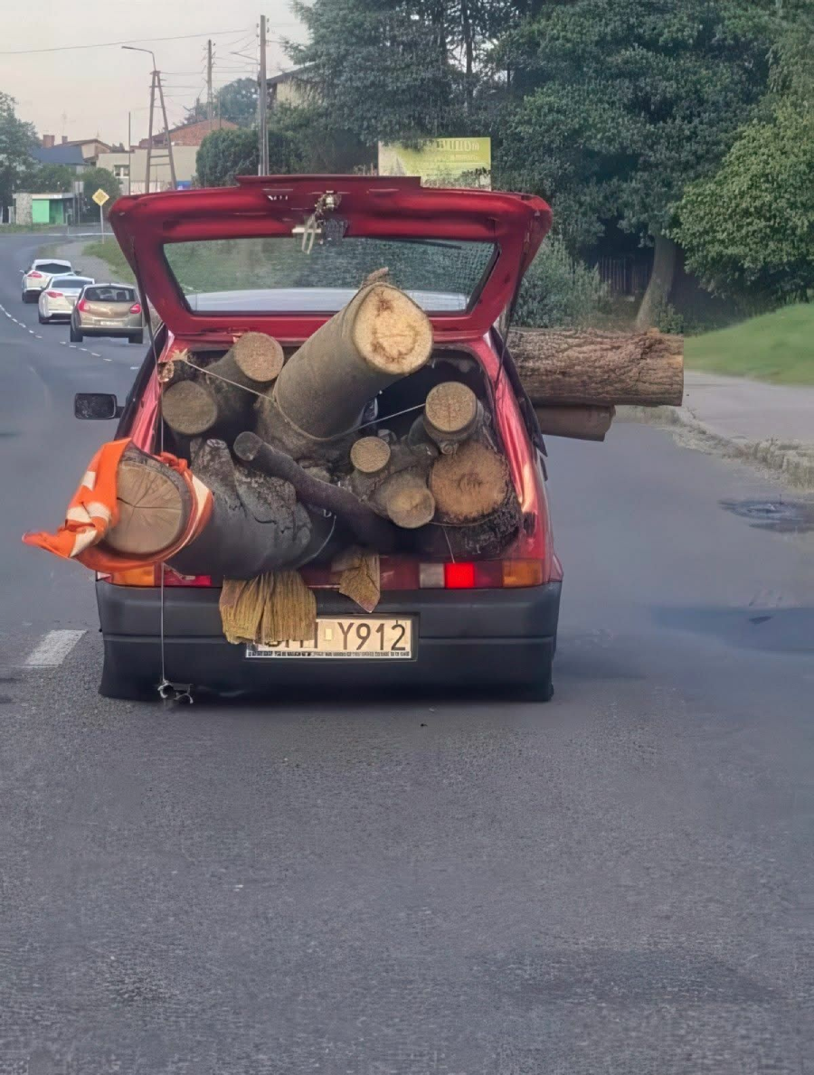 A small red car drives with its trunk open, overflowing with large logs and tree branches. Some logs protrude out the back, and a safety cone is attached to warn other drivers.