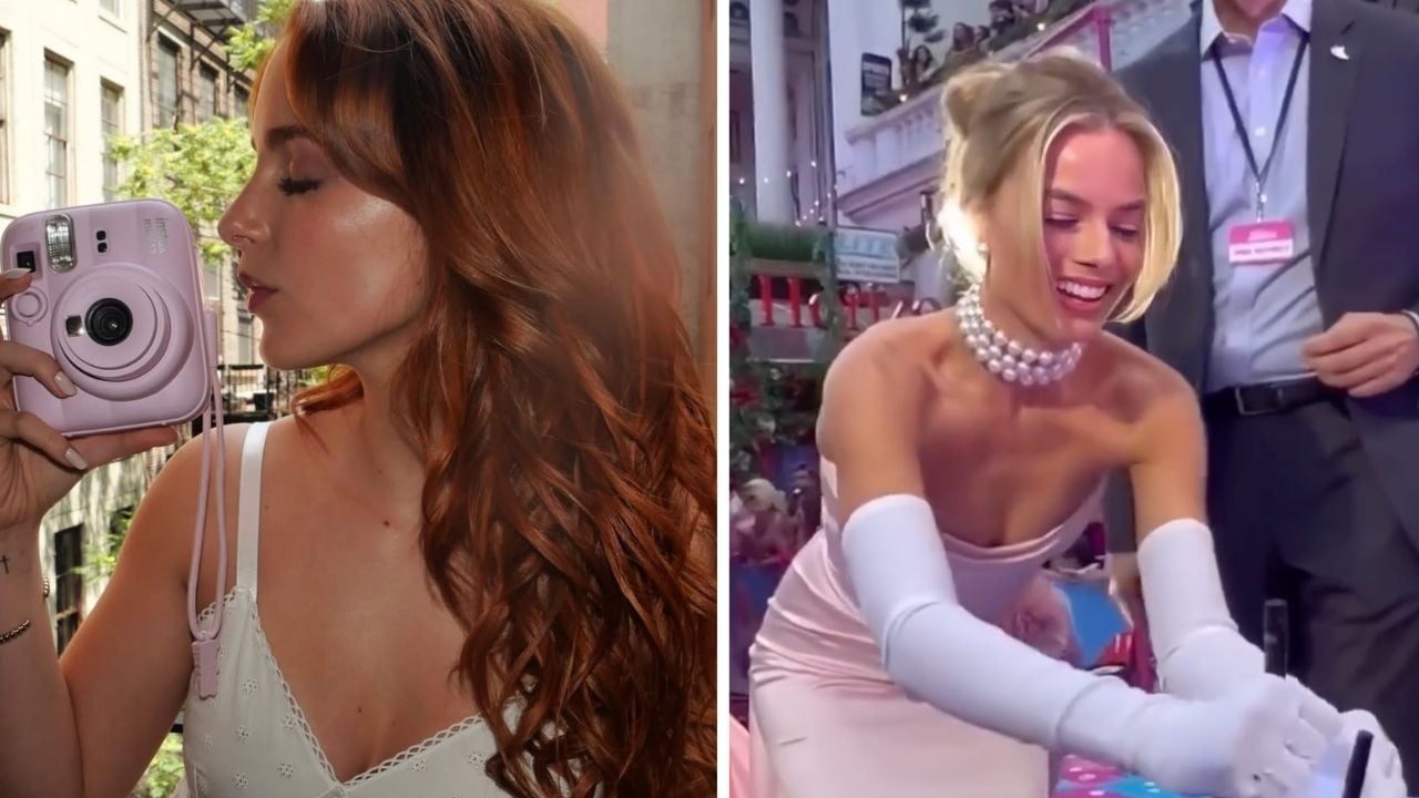 Split image: On the left, a woman with long red hair holds a pink camera and kisses it. On the right, a woman in a pink dress, white gloves, and pearl necklace smiles and reaches forward at an event.