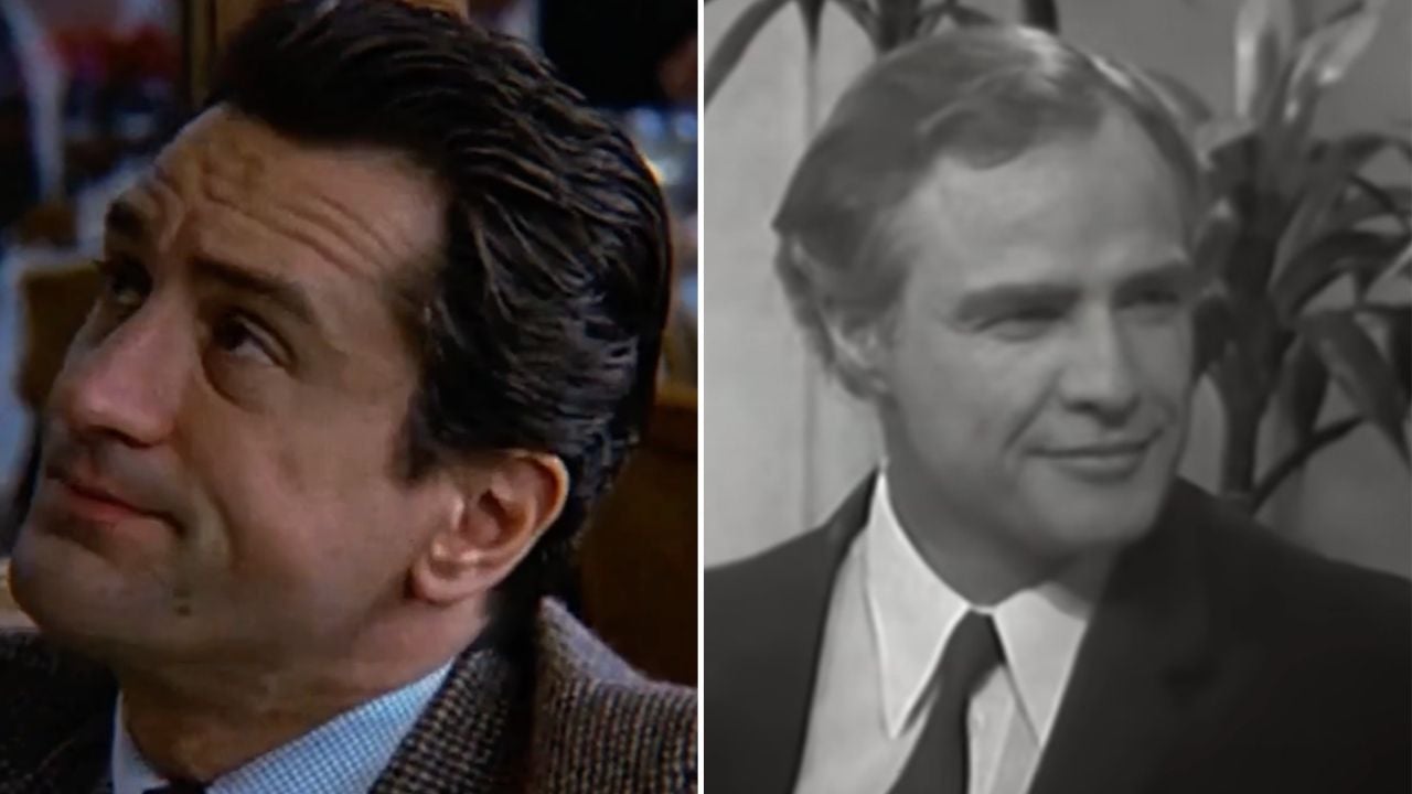 A split image shows two men in suits: on the left, a man with dark slicked-back hair looks upward; on the right, a man with lighter hair smiles slightly, wearing a tie, in a black-and-white setting.