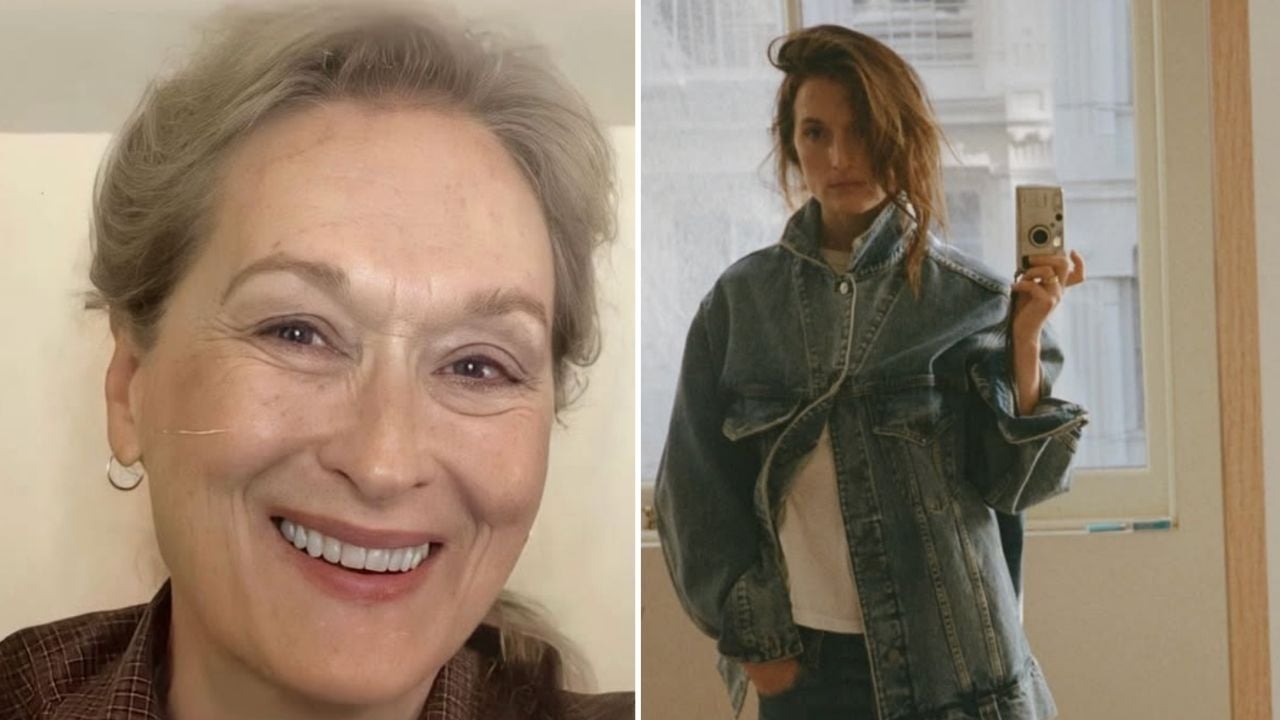A smiling older woman with gray hair is on the left, and a younger woman in an oversized denim jacket taking a mirror selfie is on the right.