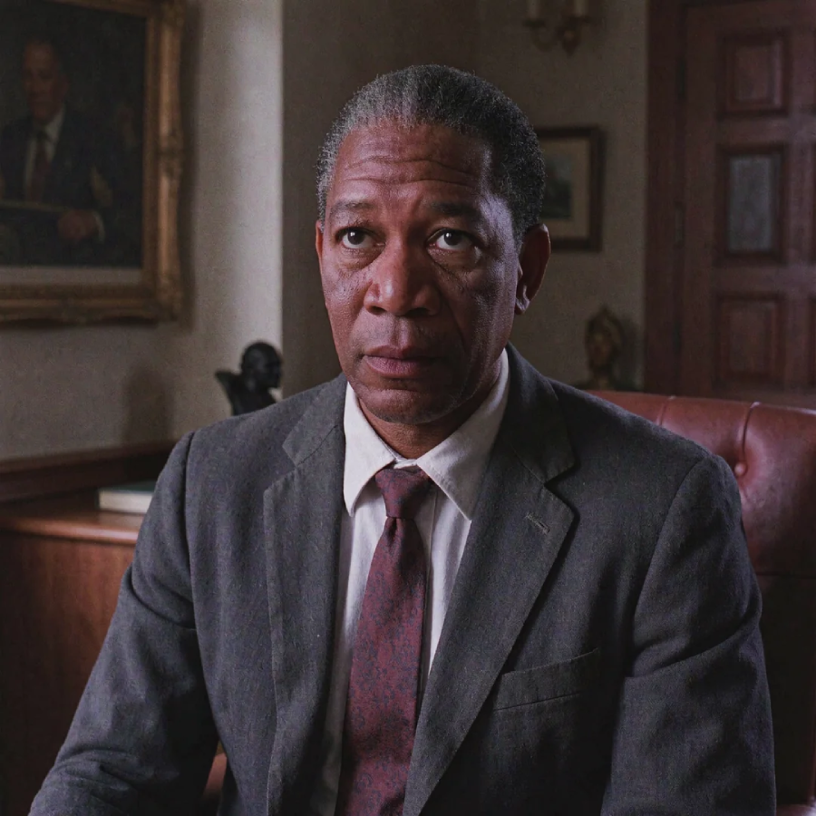 A man in a suit and tie sits in an office, looking forward with a serious expression. There is a painting, a bust, and wooden furniture in the background.