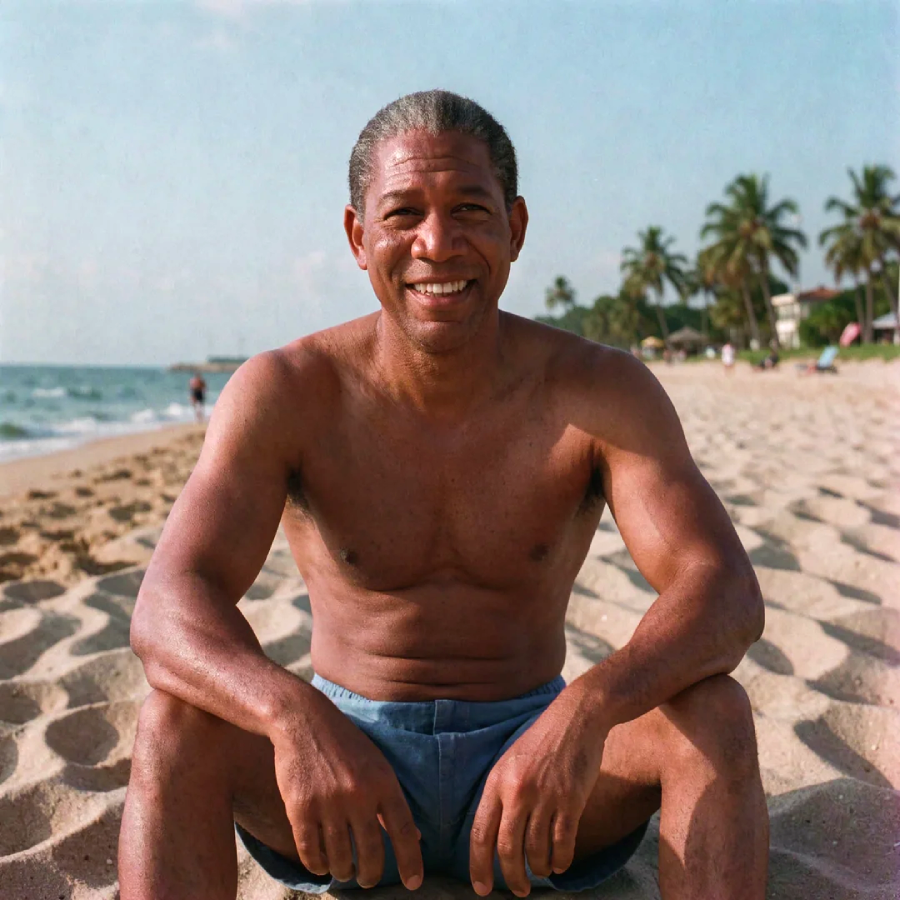 A man with short gray hair sits on the sand at a beach, smiling at the camera. He is shirtless and wearing blue swim trunks. Palm trees and ocean waves are visible in the background.