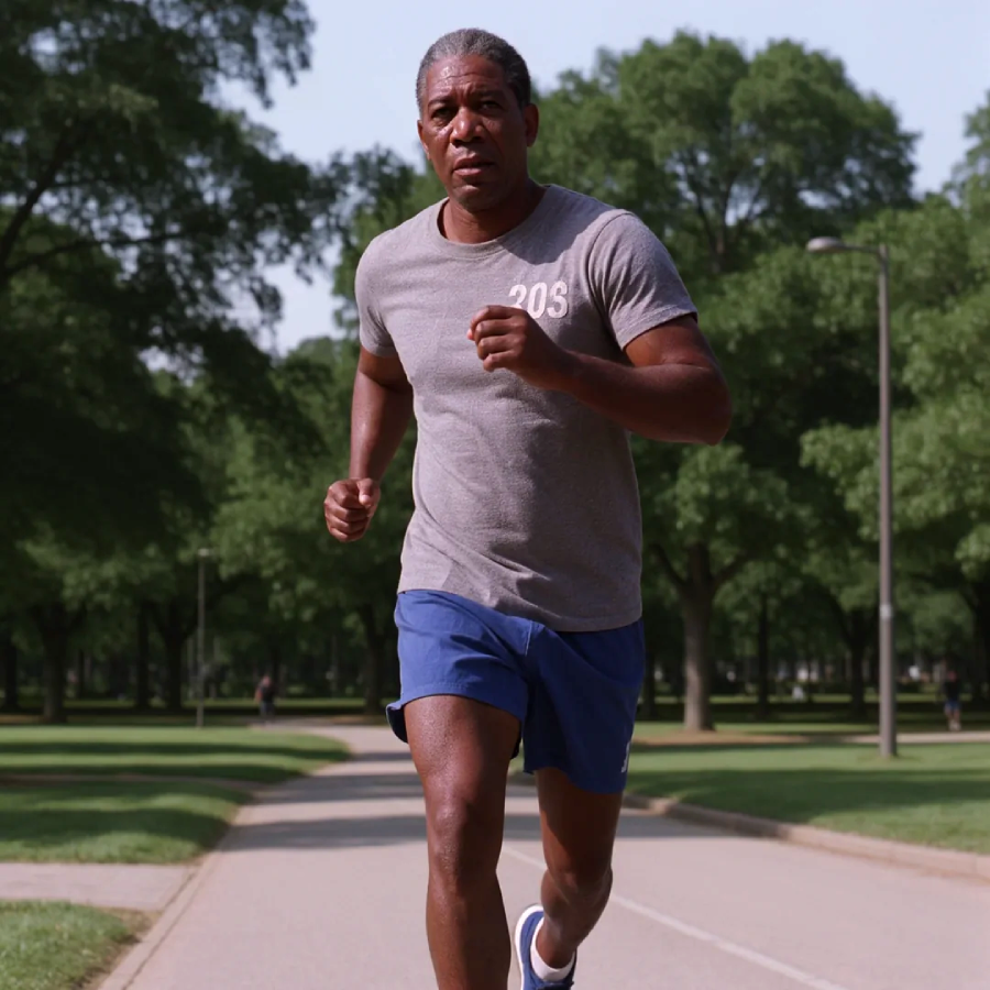 A man wearing a gray t-shirt and blue shorts jogs on a paved path in a park lined with green trees on a sunny day.