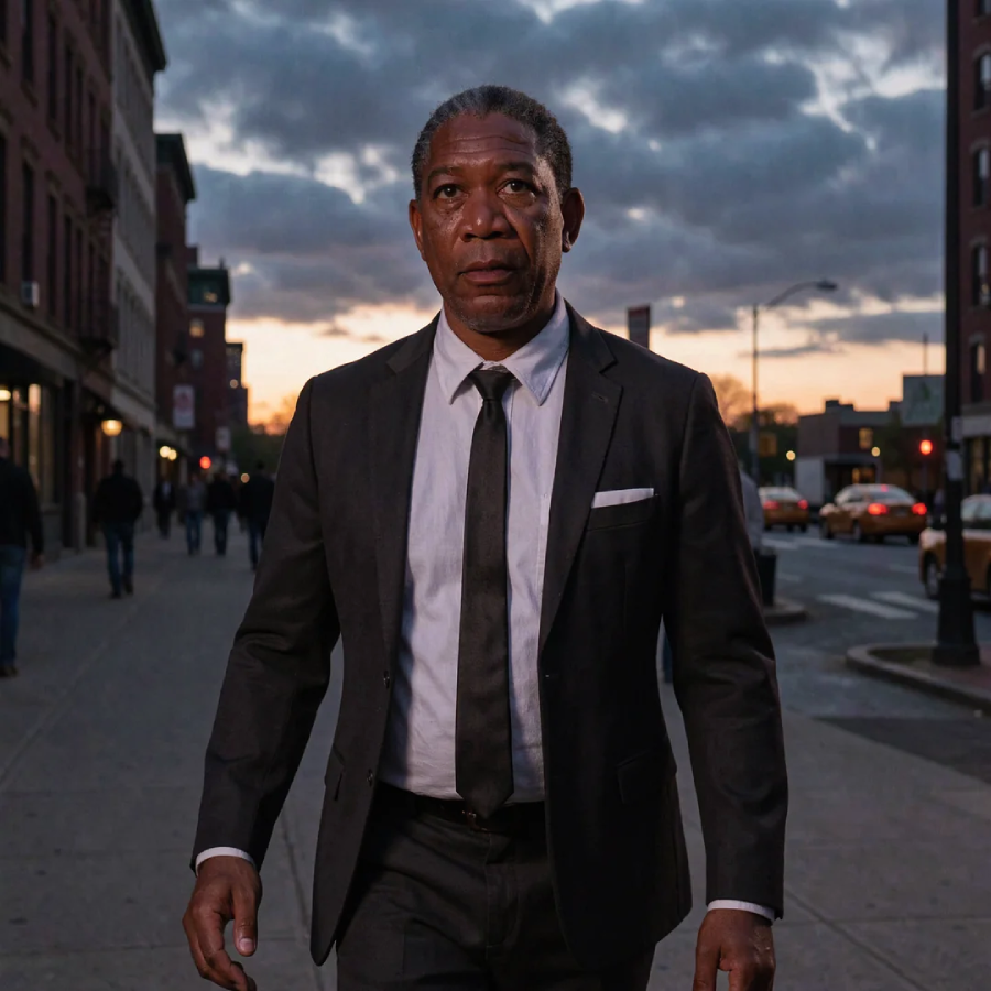 A man in a dark suit and tie walks confidently down a city sidewalk at dusk, with buildings, streetlights, and a dramatic cloudy sky in the background.