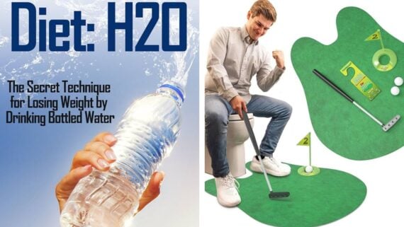 Split image: Left side shows a water bottle with text "Diet: H2O, The Secret Technique for Losing Weight by Drinking Bottled Water." Right side shows a man on a toilet playing mini-golf on a green mat.