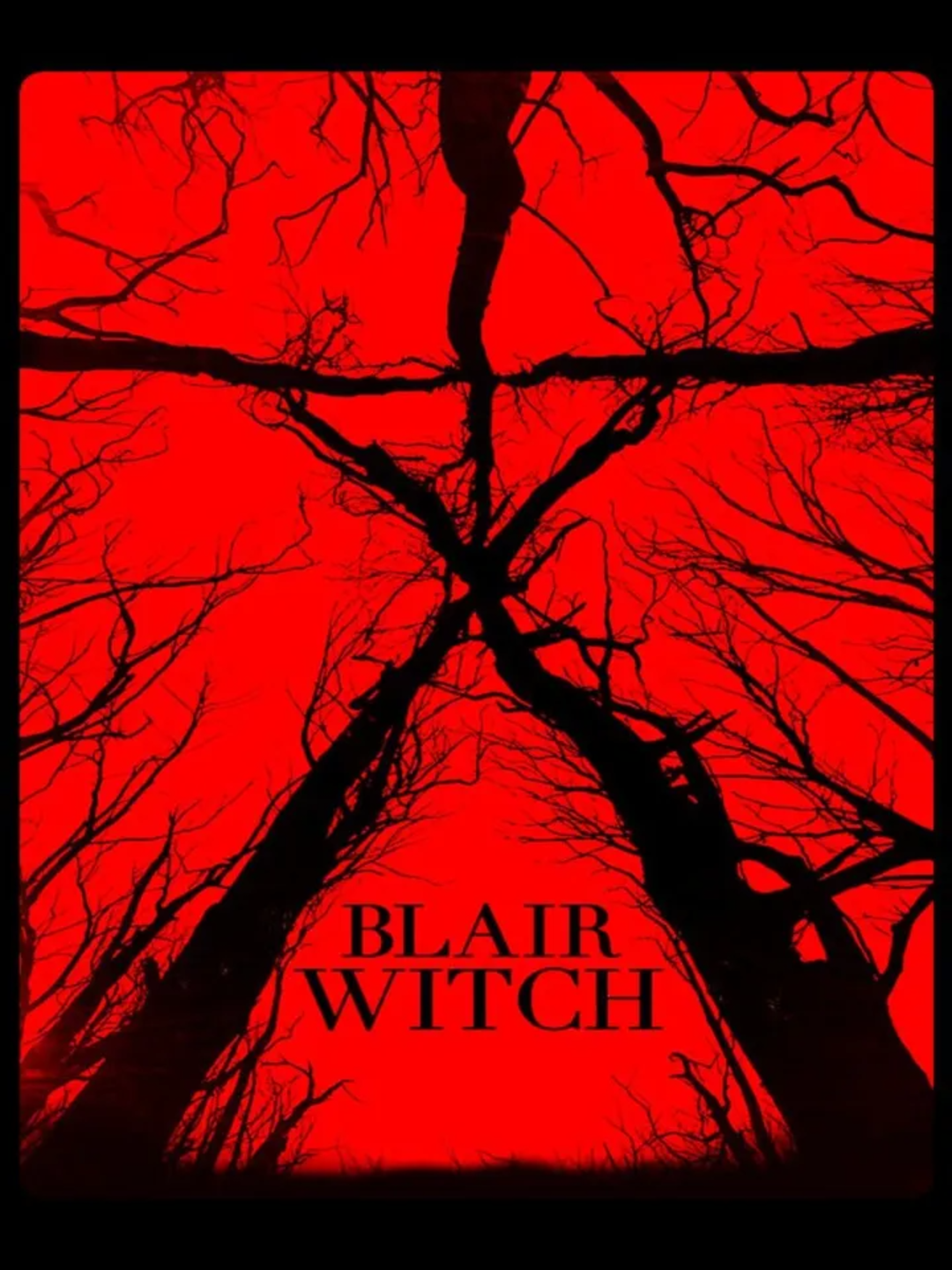 Black leafless tree branches form an eerie stick figure symbol against a red sky. The words “BLAIR WITCH” are printed in black at the bottom of the image.