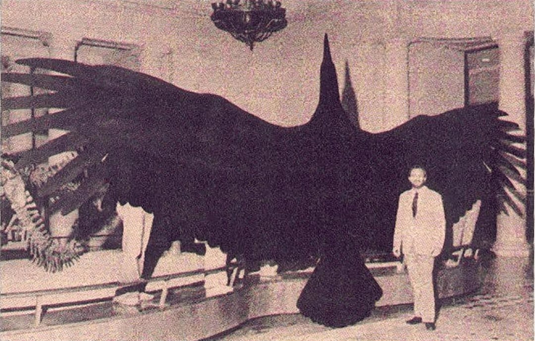 A man in a suit stands beside a massive, dark bird model with outstretched wings displayed in a museum-like room with columns and a chandelier.