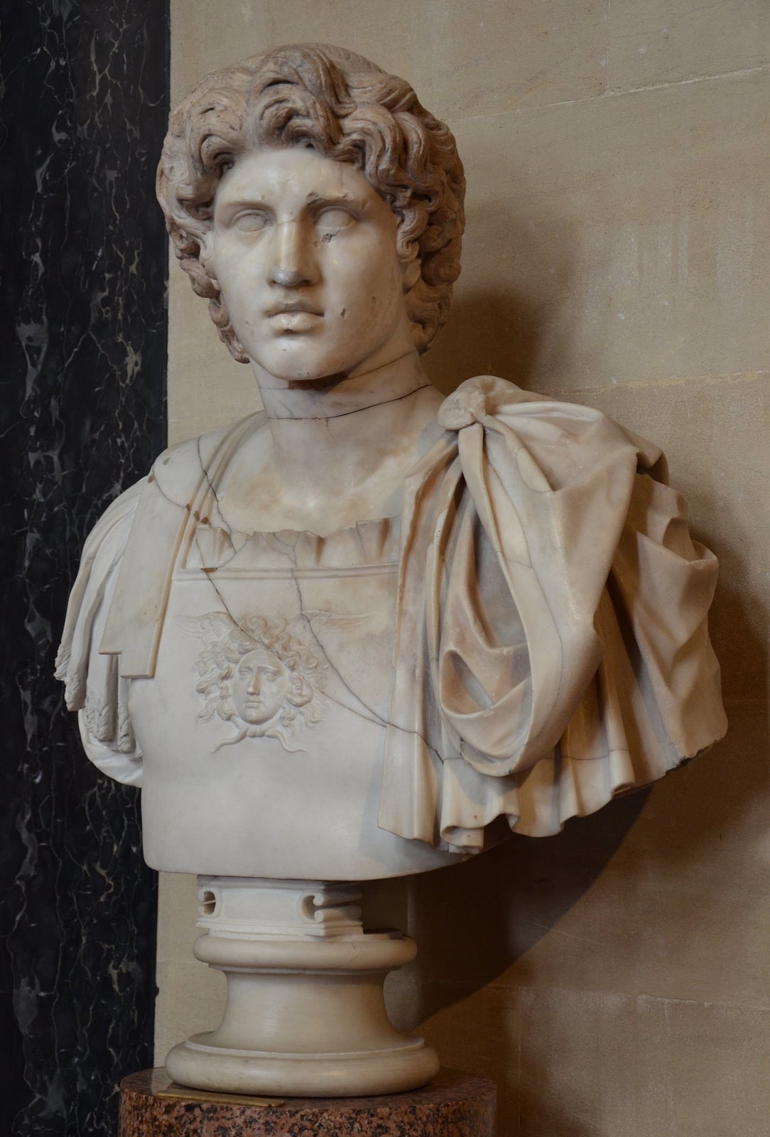 Marble bust of a young man with curly hair, wearing a draped garment and armor featuring a Medusa head. The statue is displayed against a beige wall with a dark marble column beside it.
