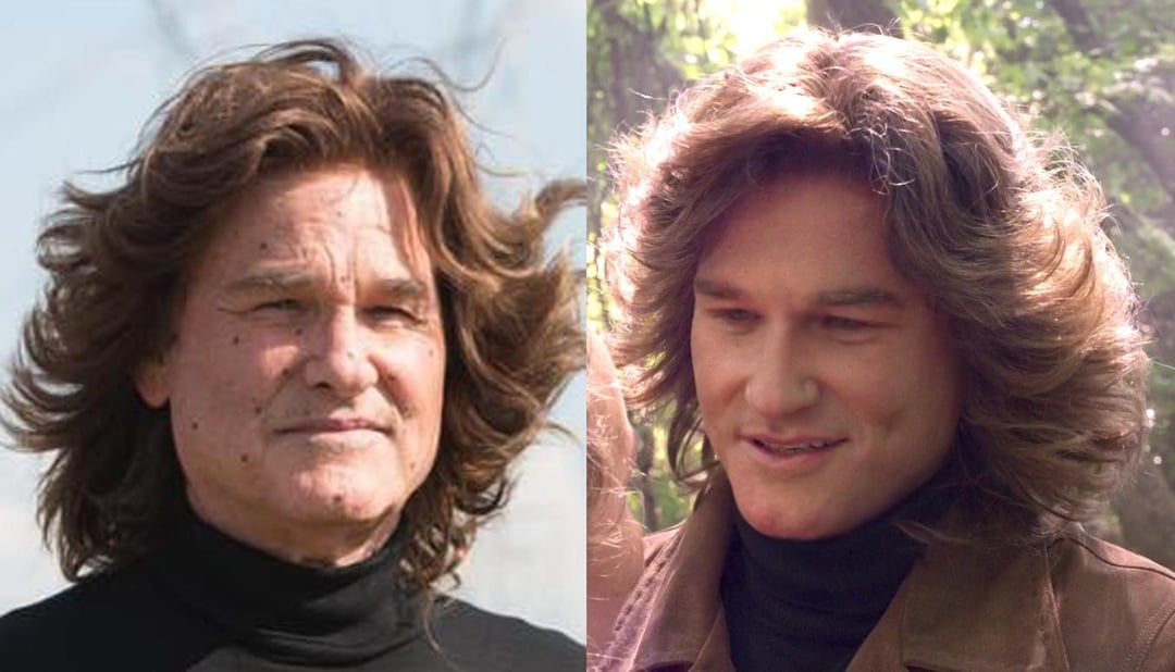 Side-by-side photo of two people with similar long, wavy brown hair; the person on the left is older and wearing a black turtleneck, while the person on the right is younger and outdoors.