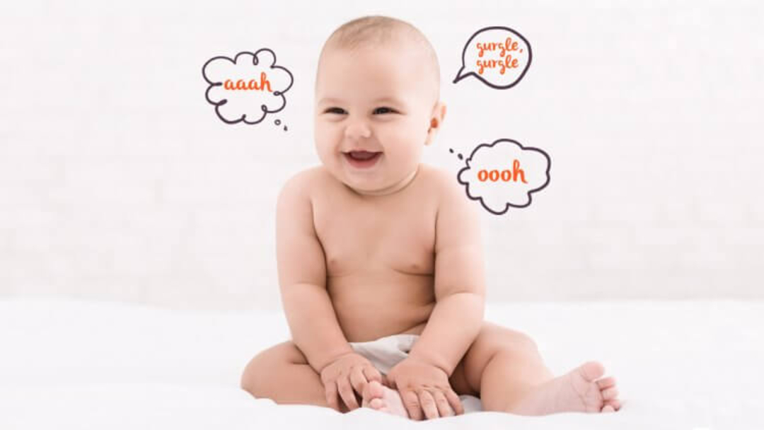 A smiling baby sits on a white bed, surrounded by illustrated speech bubbles with the words "aaah," "surple, surple," and "oooh." The background is light and simple.