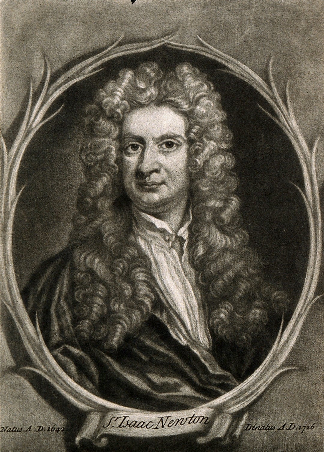 A black-and-white portrait engraving of Isaac Newton with long curly hair, wearing a formal robe, framed by an oval and decorative branches. “Sir Isaac Newton” is written below the portrait.