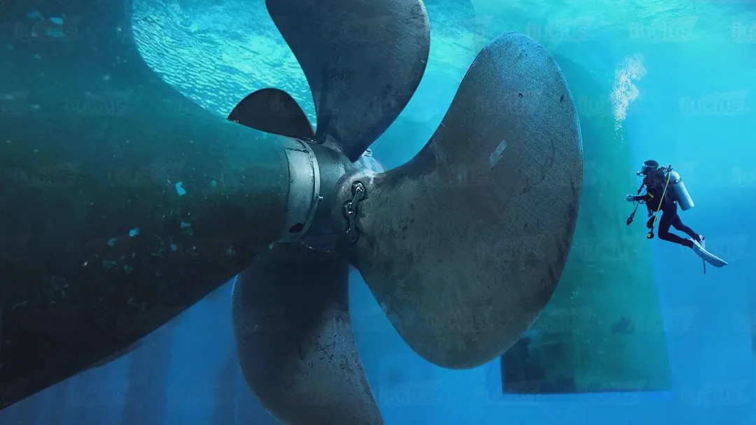 A scuba diver swims underwater near a massive ship propeller, highlighting the scale difference between the diver and the machinery. Sunlight filters through the water above.