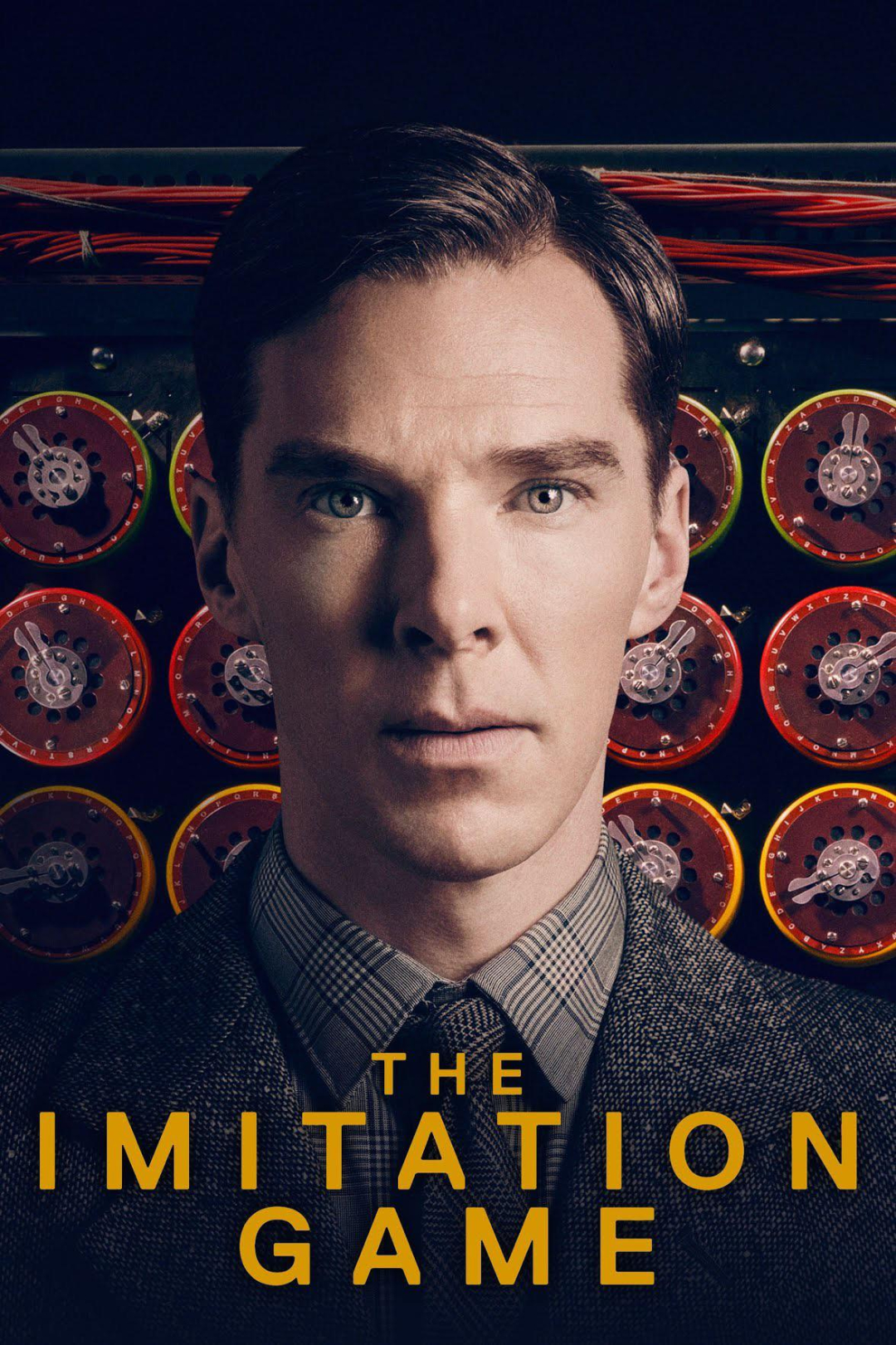 A man in a suit stares ahead, standing in front of a machine with colorful dials. Yellow text at the bottom reads, "The Imitation Game.