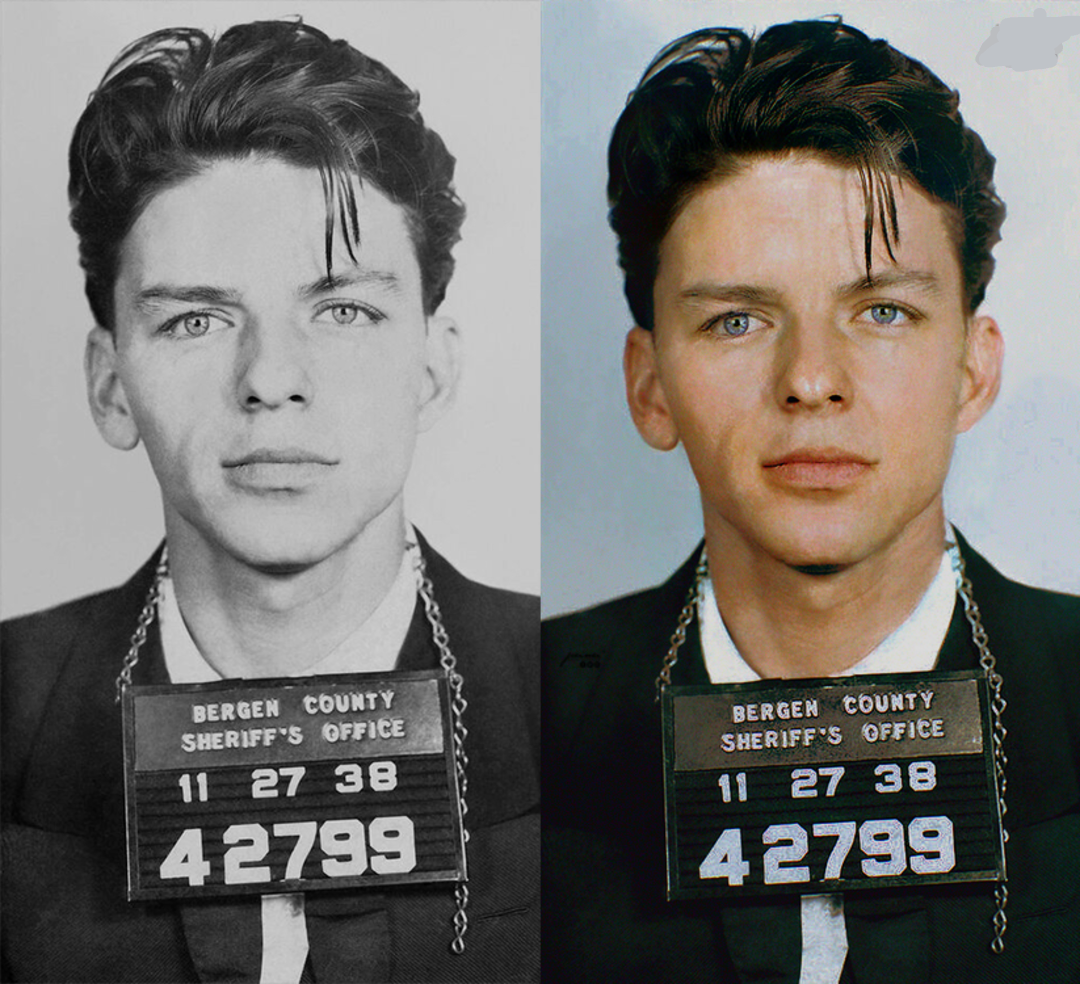 Side-by-side photos of a young man’s mugshot, holding a sign with "Bergen County Sheriff's Office 11 27 38 42799." Left image is black and white; right image is the same photo digitally colorized.