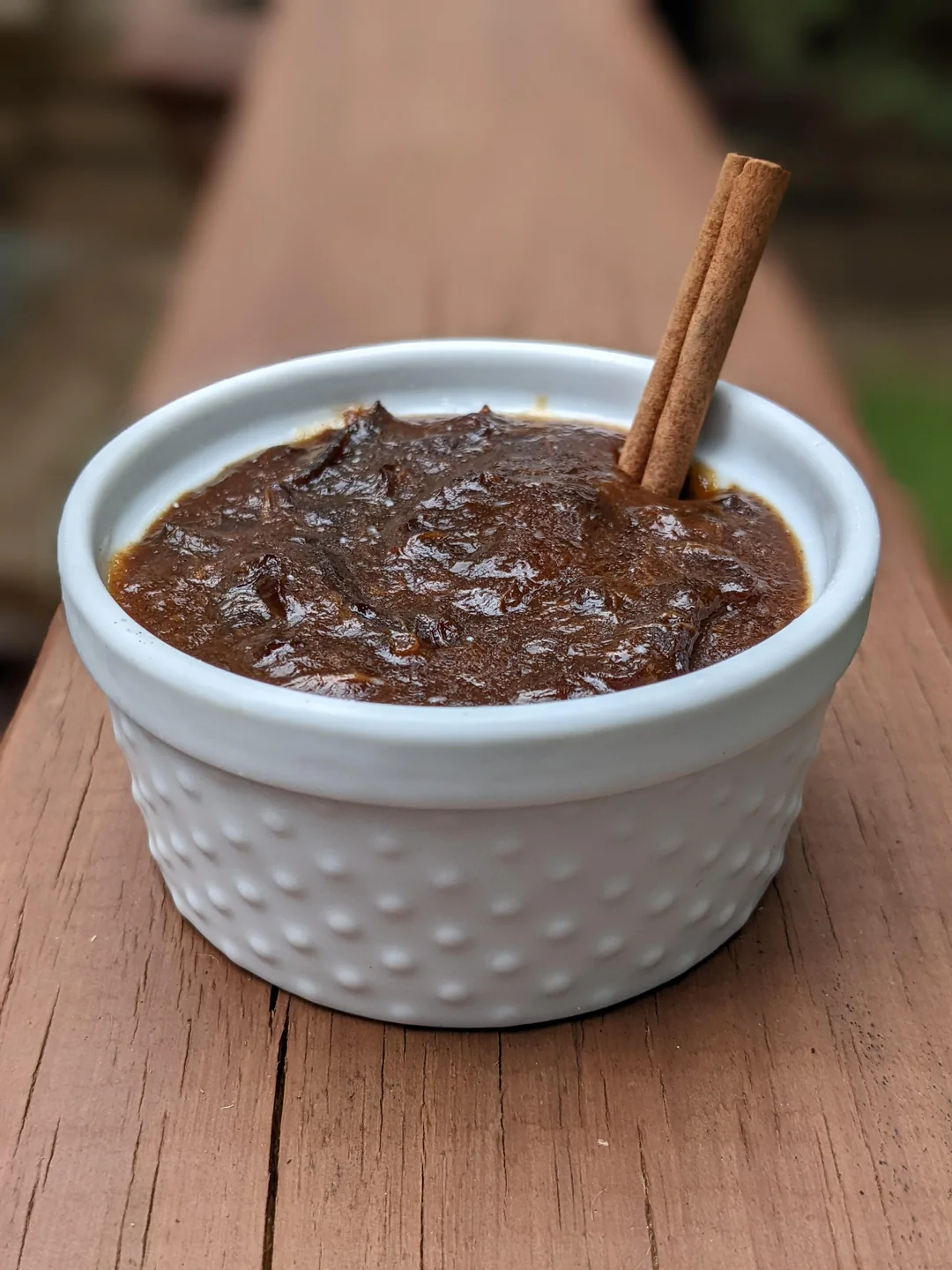 A small white textured ramekin filled with a thick brown paste, garnished with a cinnamon stick, sits on a wooden railing outdoors.
