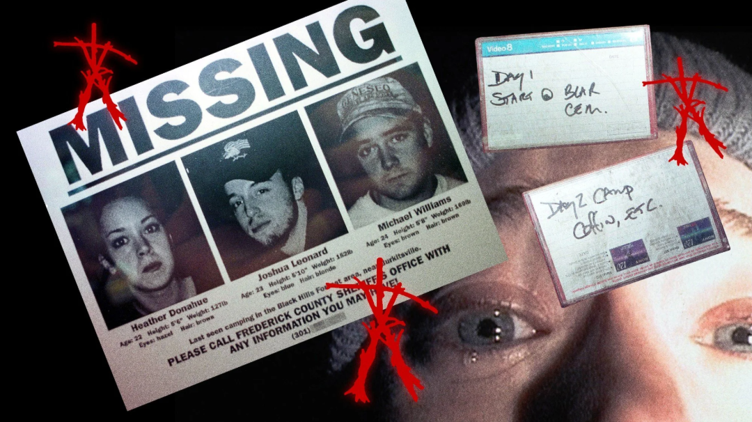 A "MISSING" poster with three people’s photos and names is overlaid on a close-up of teary eyes. Two video tapes with handwritten labels and several red stick figure symbols are scattered around the image.