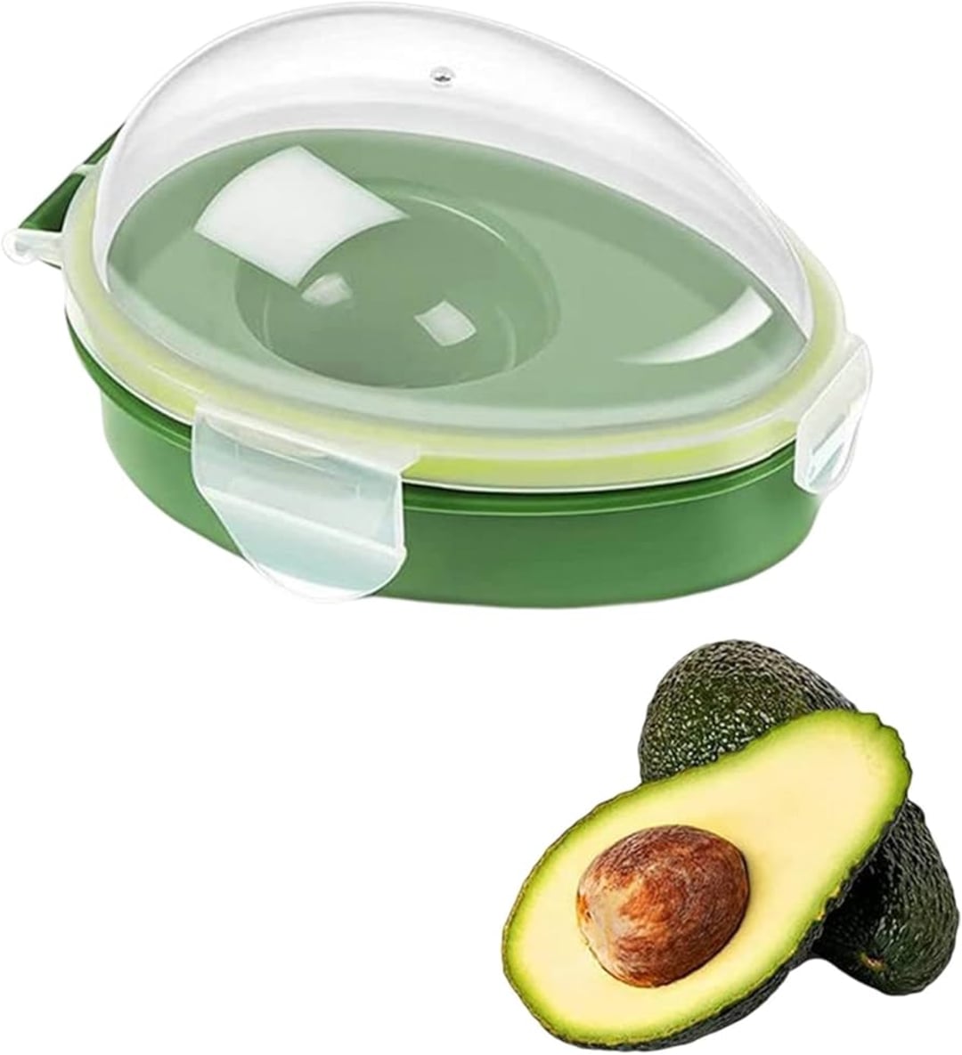A green, oval-shaped avocado storage container with a clear lid is shown above a halved avocado with the seed inside and two whole avocados beside it.
