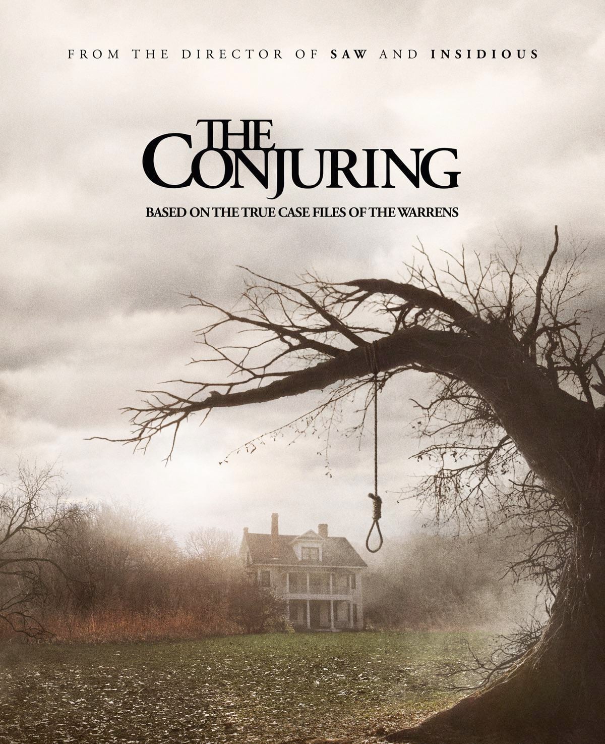 A spooky, leafless tree with a noose hanging from it stands in front of a distant old farmhouse on a cloudy day. The text reads "The Conjuring: Based on the true case files of the Warrens.