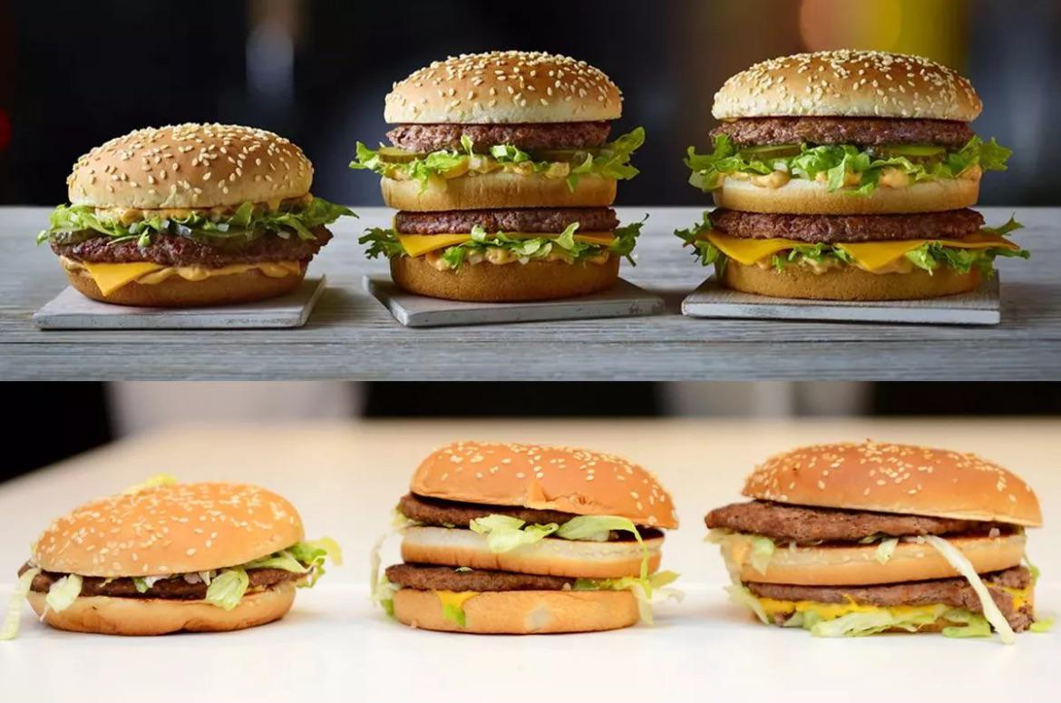 Three burgers with lettuce, cheese, and sesame buns are shown with neat, advertising photos on top, and more flattened, less tidy versions of the same burgers on the bottom.
