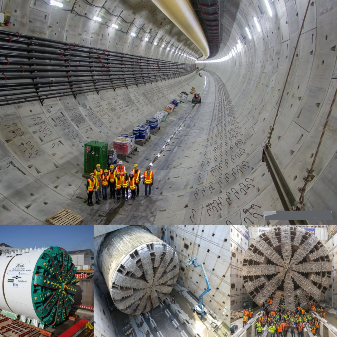 A group of workers in safety vests stand inside a large, lined tunnel. Below are three images showing a giant tunnel boring machine: its cutter head, assembly, and in operation within the tunnel.