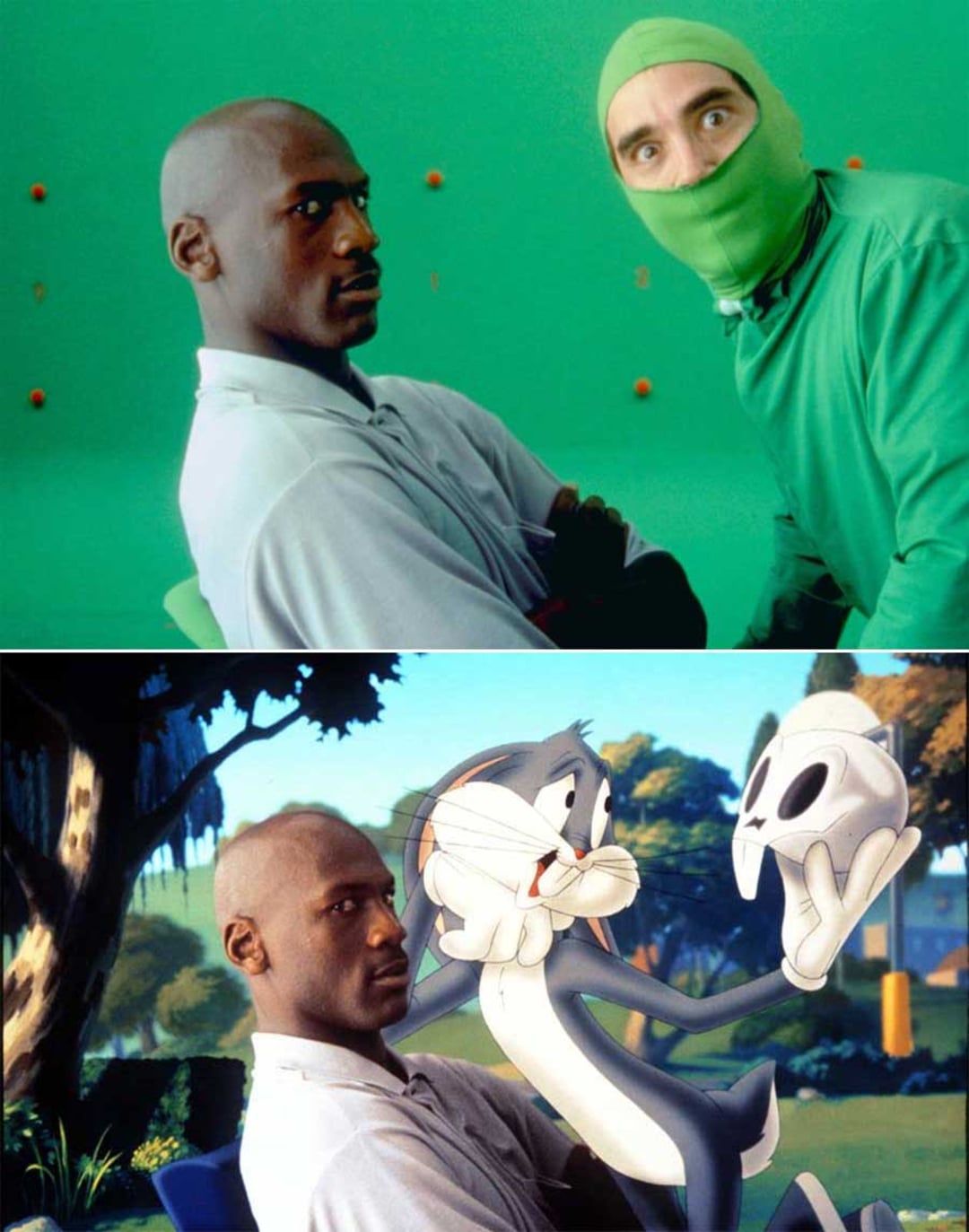 Top: A man sits next to another person in a green suit against a green screen. Bottom: The same man sits next to the animated character Bugs Bunny, who holds a skull, in a bright outdoor animated setting.