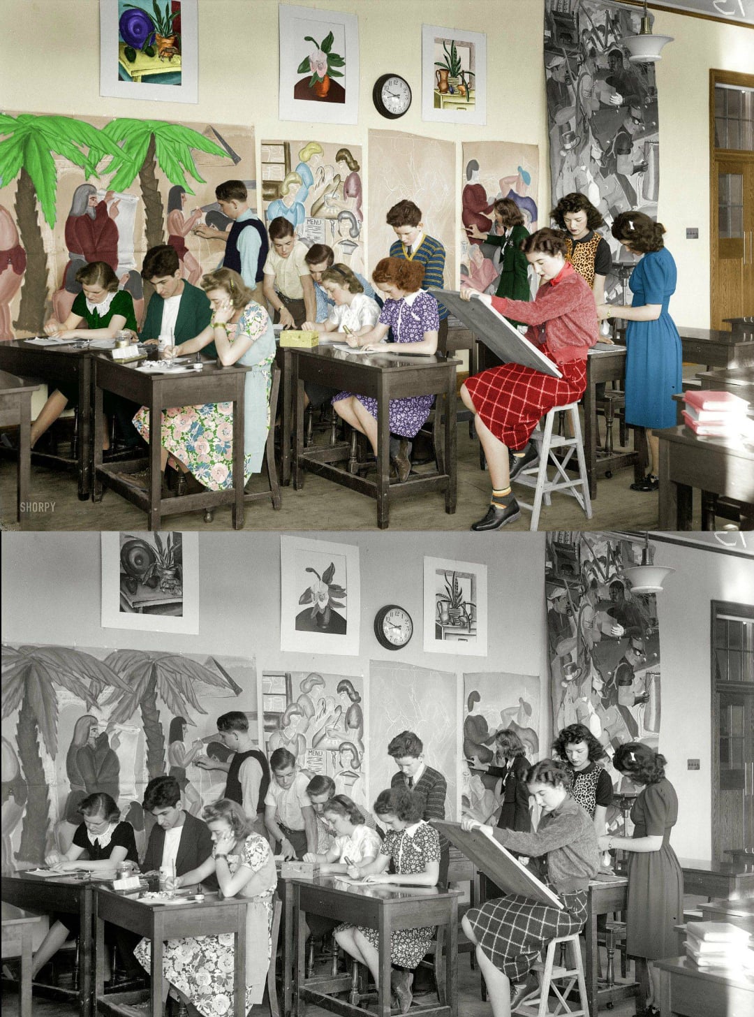 Two versions of the same classroom photo: one in color and one in black-and-white. Female students sit at tables drawing while a teacher instructs them. Colorful murals and art posters decorate the walls.