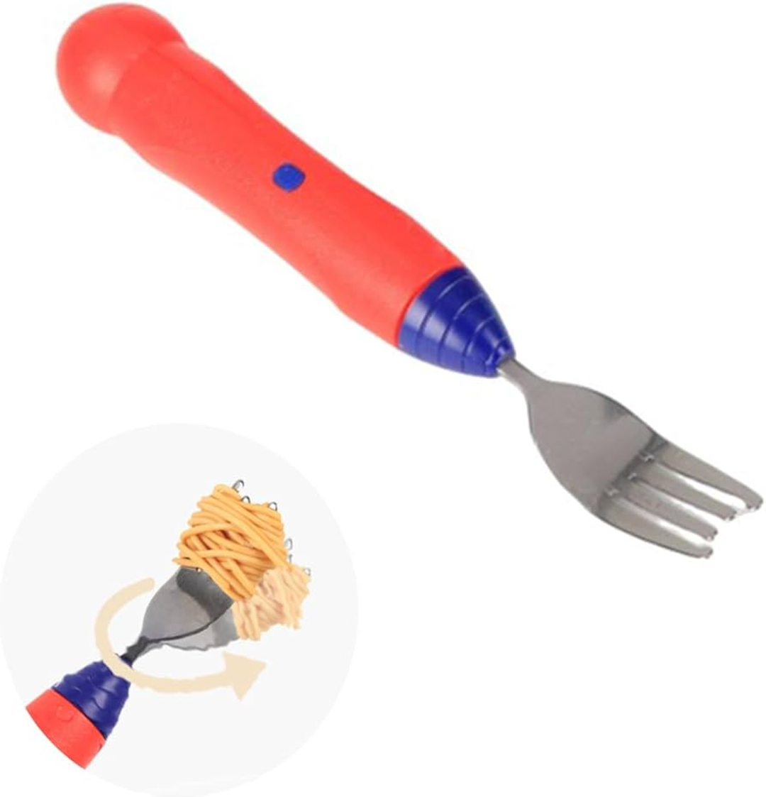 A red and blue motorized fork with a thick handle, designed for twirling spaghetti. An inset shows the fork rotating to wrap noodles around its prongs.
