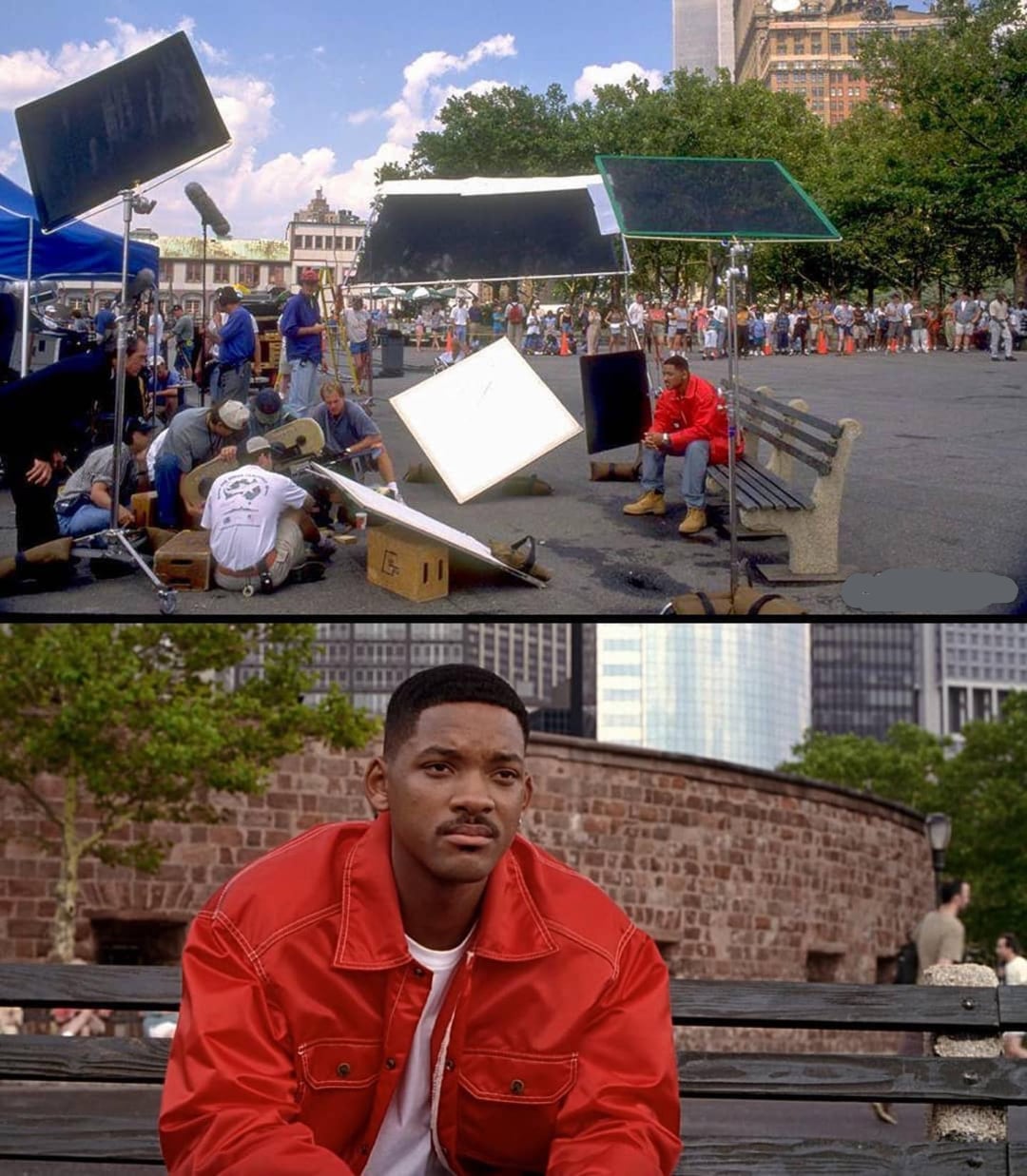 Top: A film crew sets up lighting equipment and cameras in a city park. Bottom: A man in a red jacket sits alone on a park bench, looking thoughtful, with stone buildings and trees in the background.