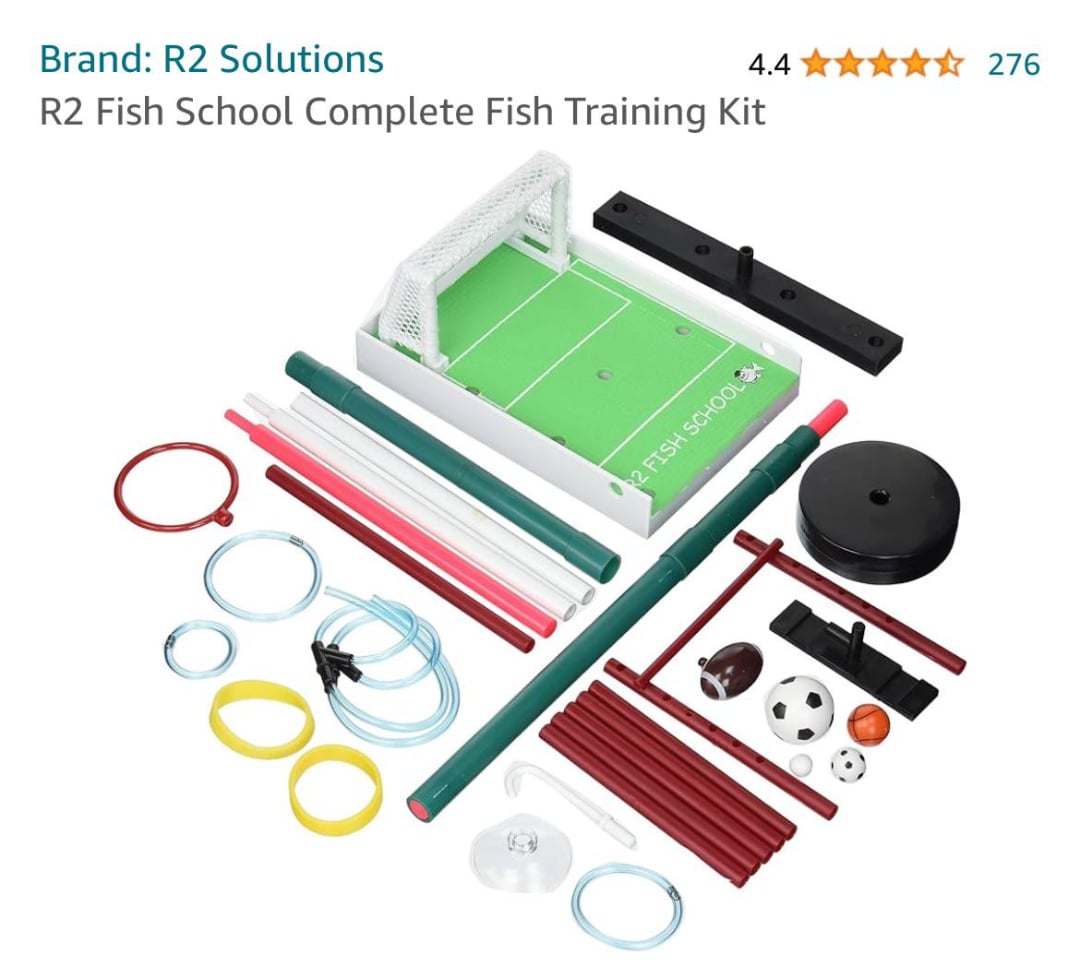 A fish training kit with a miniature green soccer field, small goal, colored rods, hoops, rings, discs, balls, and training accessories arranged on a white surface. Brand: R2 Solutions.