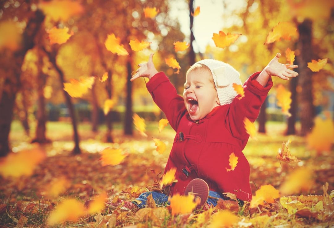 A young child in a red coat and white hat sits on the ground, joyfully throwing autumn leaves into the air in a park filled with orange and yellow foliage.