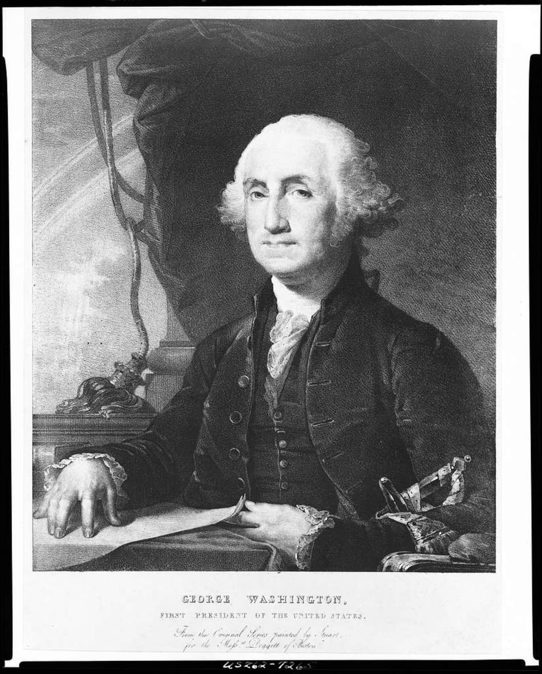 A black-and-white illustration of a man in 18th-century attire sitting at a desk, holding a paper, with a sword on the table and a draped curtain in the background. Text below identifies him as George Washington.