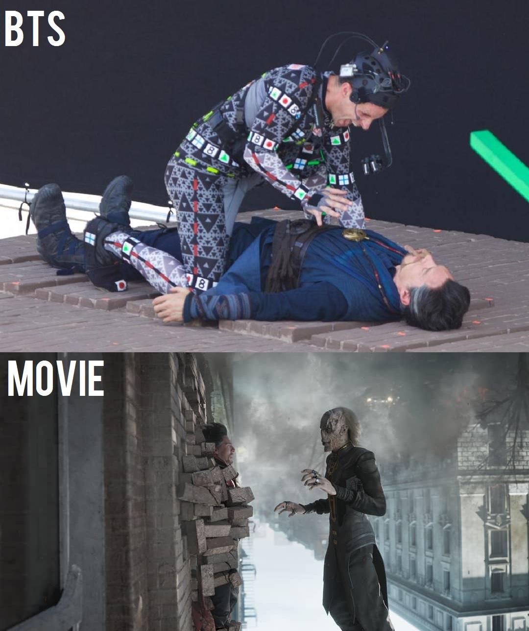Split image labeled "BTS" and "MOVIE": Top shows two actors filming with motion capture suits, one standing over the other; bottom shows the CGI version, with a dramatic fight scene on a destroyed building.