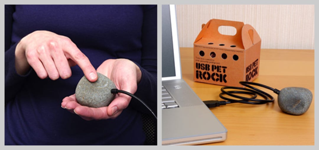 Two-panel image: On the left, a person holds a rock with a USB cable plugged in; on the right, the rock is connected to a laptop, next to a box labeled "USB Pet Rock.