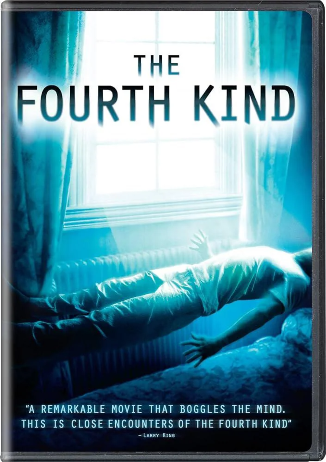 A movie cover for "The Fourth Kind" shows a person levitating horizontally in a dimly lit room with light streaming through a window, blue tones dominating the image. A quote by Larry King appears at the bottom.