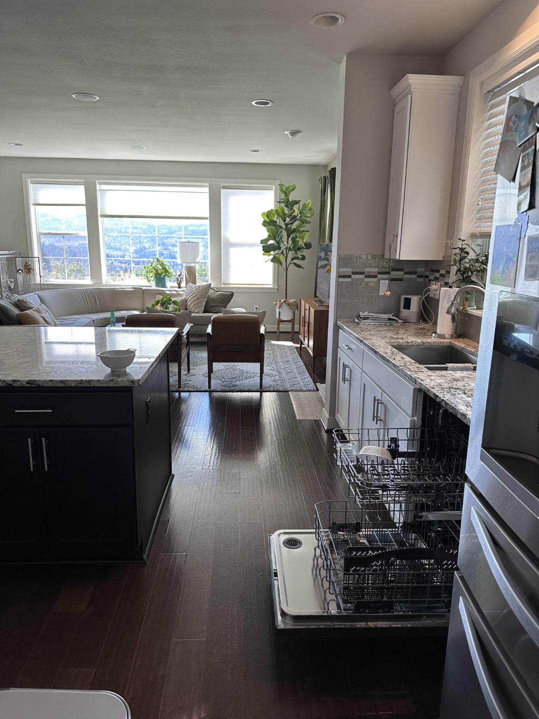 Modern kitchen with an open dishwasher, marble countertops, and dark wood floors, leading to a bright living room with large windows, a couch, chairs, plants, and a scenic outdoor view.