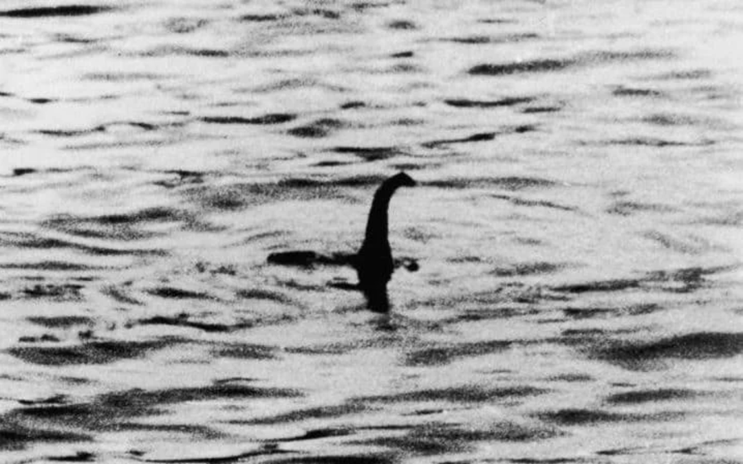 A black-and-white photo shows a mysterious, long-necked figure partially emerging from rippling water, often associated with the Loch Ness Monster legend.