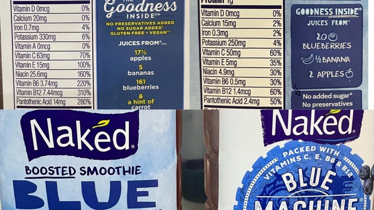 Close-up of Naked Blue Machine smoothie bottles and their nutrition labels, showing ingredients, vitamin content, and juice sources like apples, bananas, and blueberries. The labels highlight no added sugar and vitamin benefits.