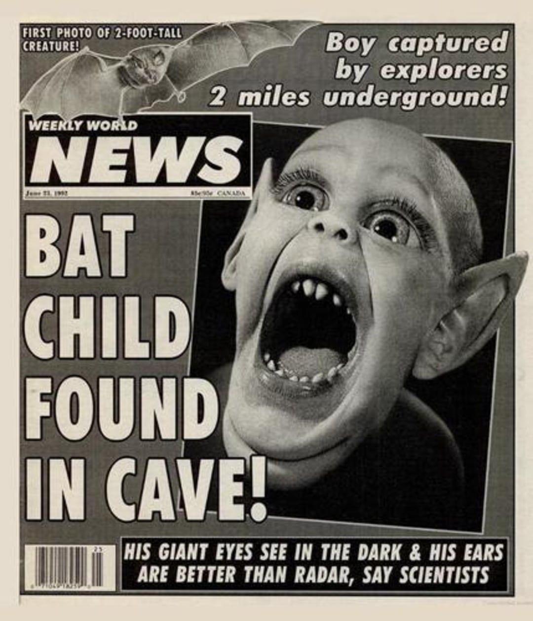 Tabloid newspaper cover with headline "Bat Child Found In Cave!" showing a child with bat-like ears, fangs, and wide mouth. Additional headlines describe him being captured and having extraordinary senses.