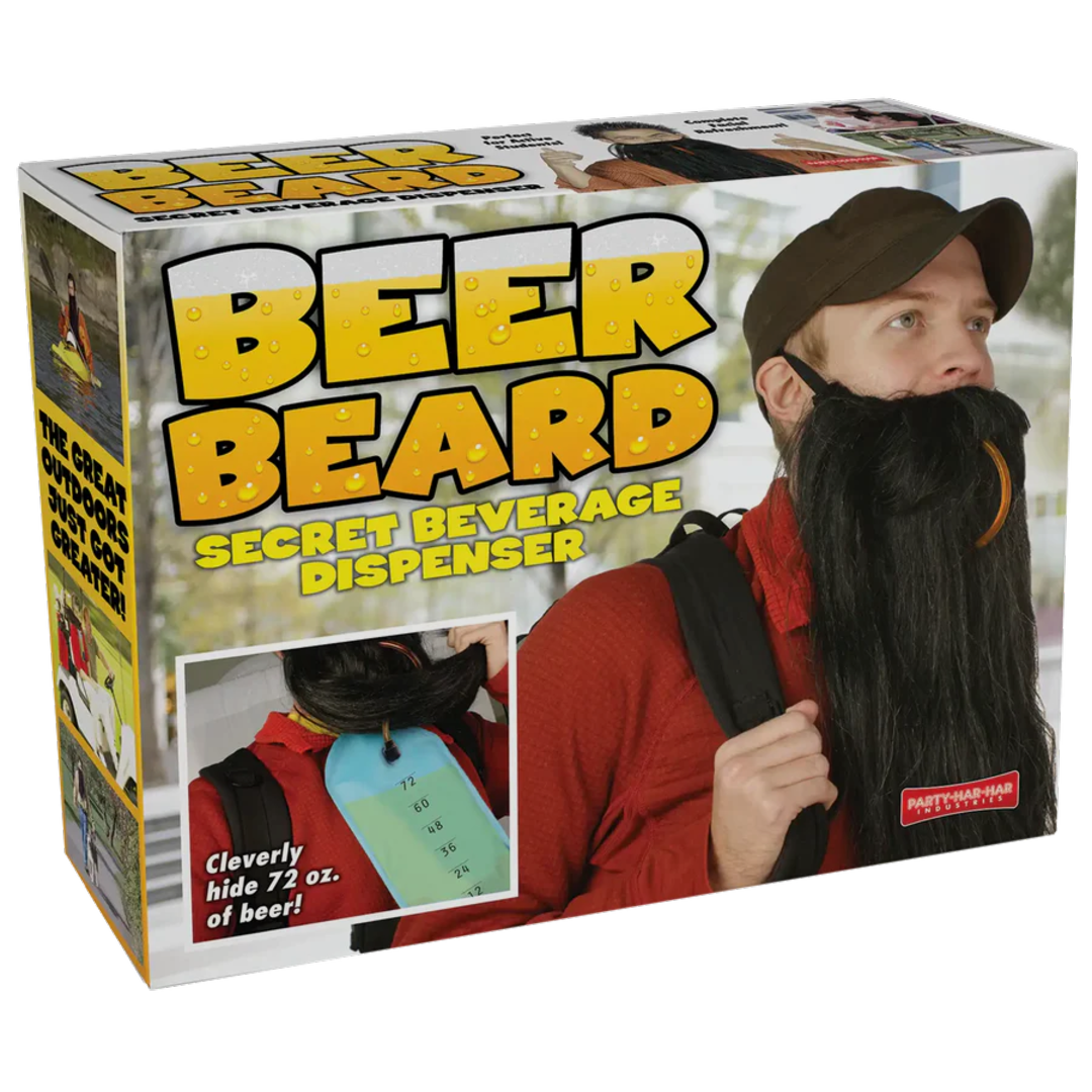 A product box labeled "Beer Beard Secret Beverage Dispenser" shows a man wearing a fake black beard and cap, with a hidden drink pouch. An inset illustrates how the pouch fits inside the beard.