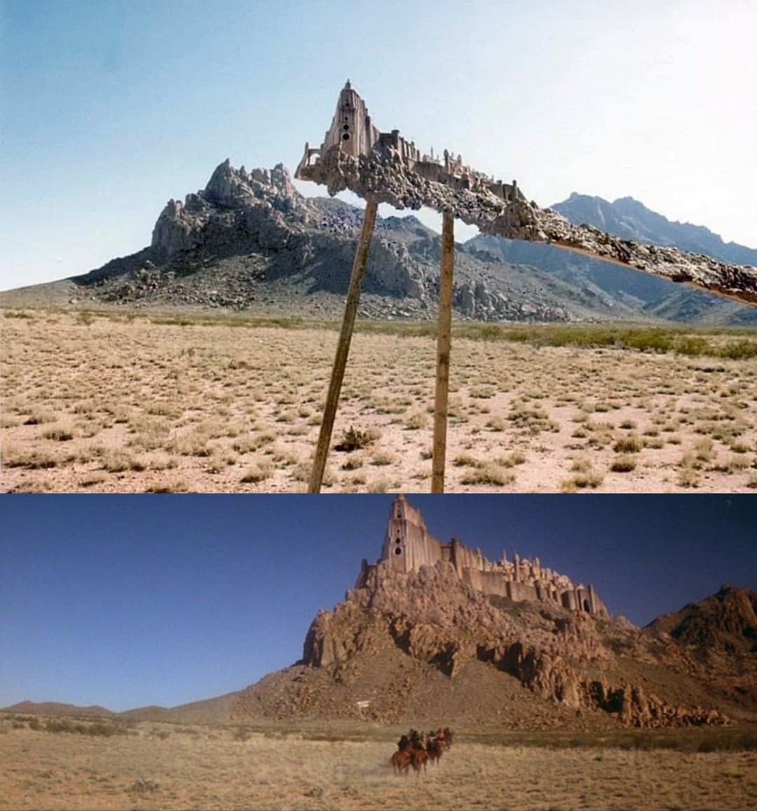 Top: A rocky desert landscape with a film set structure resembling a castle propped up on wooden supports. Bottom: The same scene as it appears in a movie, with the castle digitally placed atop the mountain and people riding horses below.