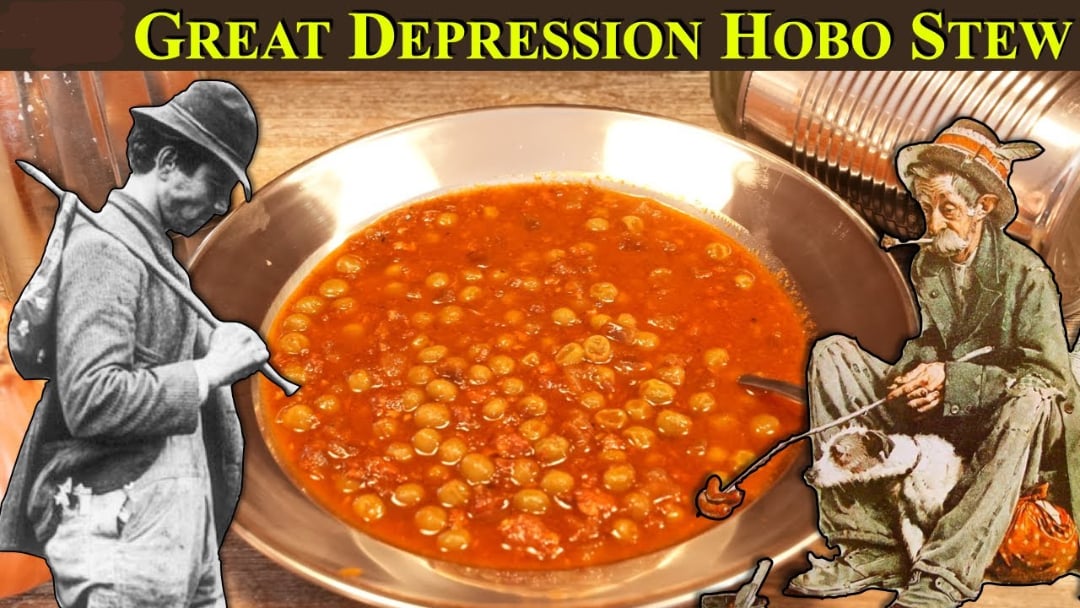 A bowl of stew with beans and vegetables sits between two illustrations of hobos; text above reads "Great Depression Hobo Stew." A tin can and wooden surface are in the background.