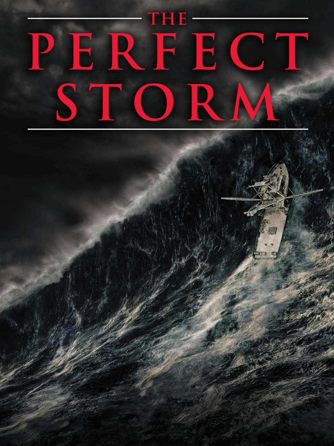 A fishing boat struggles against massive dark waves under a stormy sky, with the title "The Perfect Storm" in bold red letters at the top.