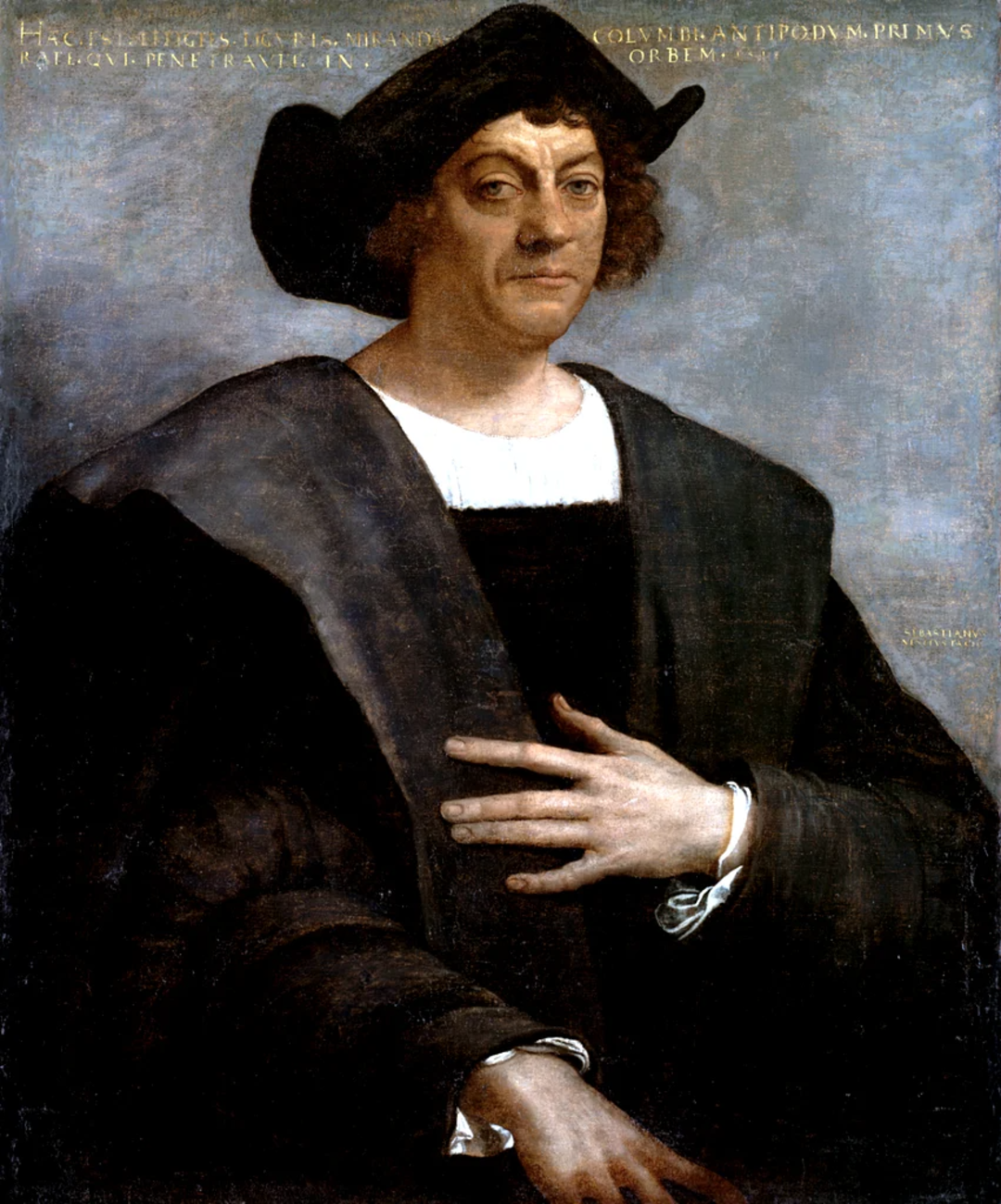 A Renaissance-era portrait of a man in dark, formal clothing and a black hat, with short brown hair, gazing forward and resting his right hand on his chest against a muted background with faint gold text at the top.