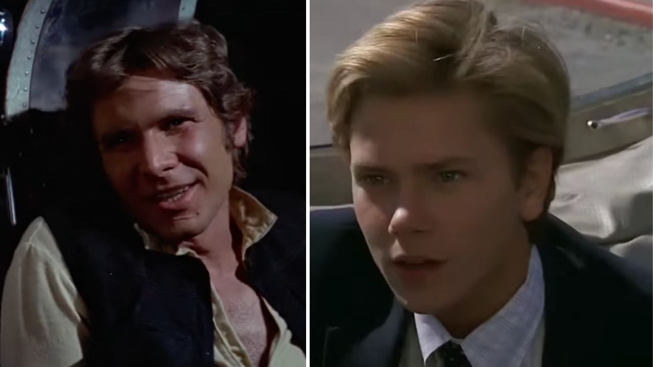Split image: On the left, a man with brown hair smiles inside a spaceship cockpit. On the right, a young man with blonde hair and a suit sits in a car, looking serious.