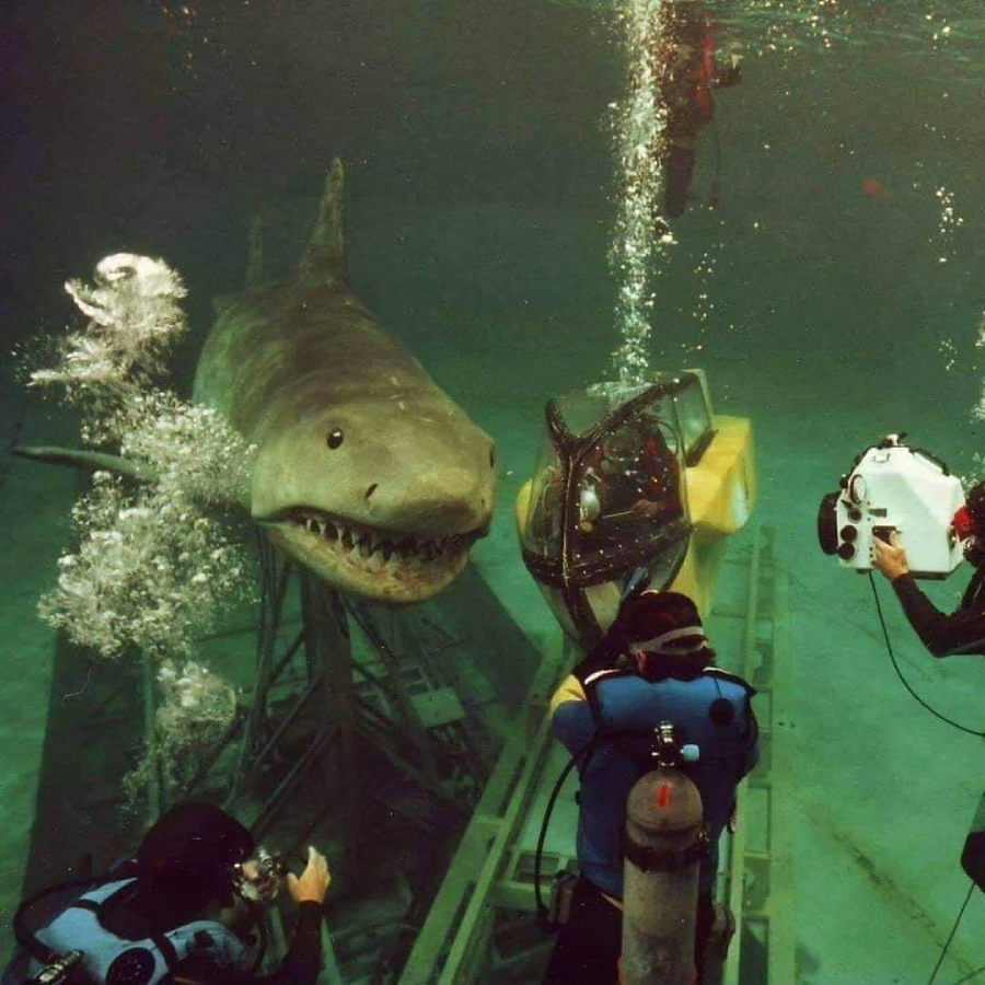 A large mechanical shark is underwater surrounded by divers and filmmakers. Bubbles rise as the crew operates cameras and equipment, suggesting a behind-the-scenes look at a film set.